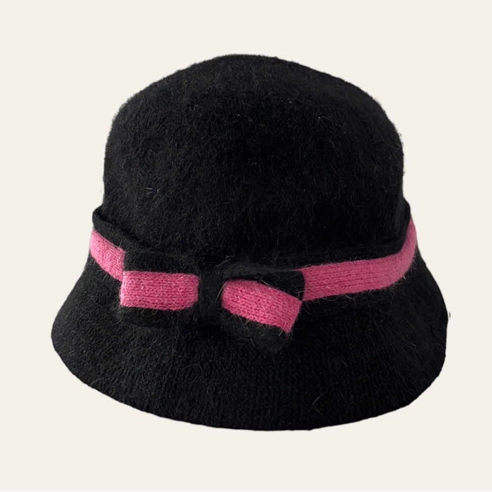 Betsey Johnson Bell Hat Angora Wool Black with Pink Band Bow